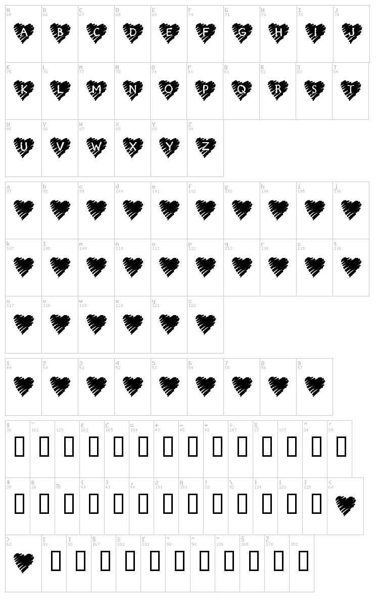 KR Scribble Heart font map
